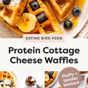 Plate of golden waffles topped with banana slices, blueberries, yogurt, and syrup. Waffle topped with banana slices and blueberries on a plate beside cinnamon sticks. Plate of two waffles topped with banana slices and blueberries. Plate of stacked waffles topped with banana slices and blueberries with forks on the side.