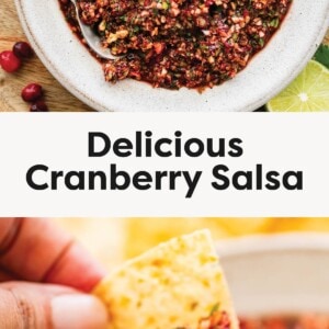 Top Photo: A close-up of a rustic white bowl of chunky cranberry salsa with a spoon, garnished with a few whole cranberries and a slice of lime. Bottom Photo: A hand holding a tortilla chip loaded with a scoop of the red and green cranberry salsa.