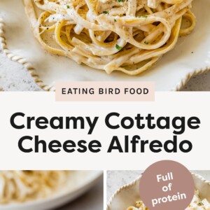 Plate of creamy cottage cheese alfredo pasta topped with herbs and black pepper. Fork twirling a bite of creamy alfredo pasta. Bowl of cottage cheese alfredo pasta with a fork, garnished with herbs.