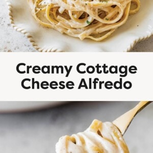Plate of creamy cottage cheese alfredo pasta topped with herbs and black pepper. Fork twirling a bite of creamy alfredo pasta over a bowl.