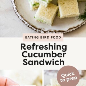 Top photo: Stack of crustless cucumber sandwiches on a rustic plate. Bottom left photo: Hand holding a small cucumber sandwich with cream cheese and thin cucumber slices. Bottom right photo: Plate filled with neatly stacked cucumber tea sandwiches.