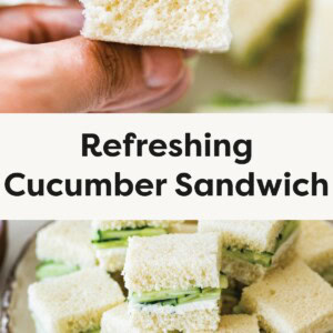 Top photo: A hand holding a small, crustless cucumber sandwich made with white bread, a layer of cream cheese, and thin cucumber slices. Bottom photo: A plate filled with neatly stacked cucumber tea sandwiches made with white bread, cream cheese, and cucumber slices.
