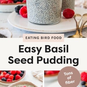 Top photo: Glass of basil seed pudding topped with granola, blueberries, and raspberries on a white plate with a gold spoon. Bottom left photo: Bowl of basil seed pudding garnished with blackberries, raspberries, blueberries, and granola. Bottom right photo: Close-up of basil seed pudding in a glass, topped with granola, blueberries, raspberries, and a blackberry.