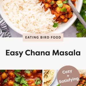 A bowl of chana masala with chickpeas in tomato sauce served beside white rice, garnished with cilantro. Close-up of chana masala with chickpeas in a rich tomato sauce, topped with cilantro. Overhead view of a bowl of chana masala with rice, naan, and herbs on the table.