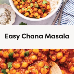 A bowl of chana masala with chickpeas in a spiced tomato sauce served beside white rice, garnished with cilantro, with a close-up of the dish being scooped with a wooden spoon. A bowl of chana masala with chickpeas in a tomato-based sauce, garnished with cilantro, served with white rice, and a close-up of the dish being scooped with a wooden spoon.