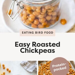A glass jar filled with golden roasted chickpeas on a white plate. A bowl of crispy roasted chickpeas on a light-colored surface with scattered pieces around. A baking sheet covered with evenly roasted chickpeas labeled “Protein-packed.”
