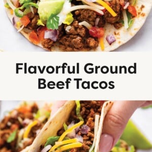 Top photo: Close-up of a taco with seasoned beef and fresh toppings. Bottom photo: Hand holding a taco filled with beef, cheese, lettuce, and tomato.