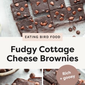 Overhead view of sliced brownies topped with chocolate chips on parchment paper. Close-up of stacked fudgy brownies with melted chocolate chips. Pile of rich, gooey brownies with chocolate chips on top.