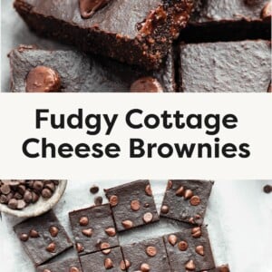 Top photo: Close-up of a fudgy brownie topped with melted chocolate chips. Bottom photo: Batch of sliced brownies arranged in a grid, each topped with chocolate chips.