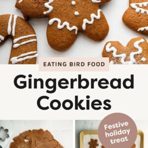 Decorated Gingerbread Cookies in different shapes. Two photos show cookie cutters cutting cookies out of dough, and the cookies on a cookie sheet before being baked.