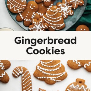Plate of decorated Gingerbread Cookies and photo of Gingerbread Cookies on a white background. Cookie shapes include ornaments, gingerbread men, snowflakes and candy canes.
