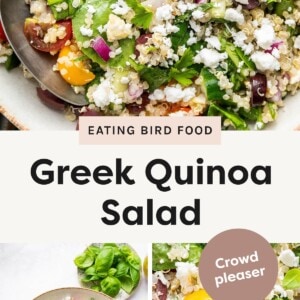 Top photo: Close-up of Greek quinoa salad showing quinoa, chopped spinach, feta, olives, cucumbers, tomatoes, red onion, and herbs. Bottom left photo: Overhead shot of a bowl of Greek quinoa salad next to fresh basil, feta, and a golden napkin. Bottom right photo: Extreme close-up of the salad ingredients highlighting textures of quinoa, feta, cherry tomatoes, olives, and greens.