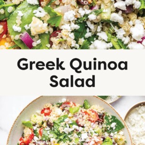 Top photo: Close-up of a colorful Greek quinoa salad with spinach, quinoa, cherry tomatoes, red onion, olives, cucumbers, and crumbled feta cheese. Bottom photo: Overhead view of a bowl of Greek quinoa salad filled with vegetables, herbs, and feta cheese, surrounded by utensils and a small dish of extra feta.