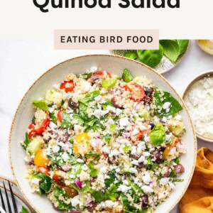 A bowl of colorful Greek quinoa salad with spinach, cherry tomatoes, cucumbers, olives, red onion, feta, and herbs, topped with dressing.