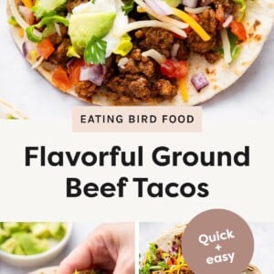 Top photo: Close-up of a soft taco filled with seasoned ground beef, shredded cheese, diced tomatoes, red onion, lettuce, avocado, sour cream, and cilantro. Middle left photo: A hand holding a taco packed with ground beef, shredded cheese, lettuce, diced tomato, and red onion, with more tacos blurred in the background. Middle right photo : Overhead view of several assembled ground beef tacos filled with toppings like shredded lettuce, cheese, and diced onions, laid out on a white surface.