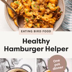 Healthy Hamburger Helper in a bowl, and two photos showing some steps in making the one pot dinner, like adding milk to ground beef, and macaroni to the milk broth mixture.