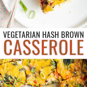 Slice of hash brown casserole on a plate. Photo below is a spatula taking a square cut from the casserole dish.