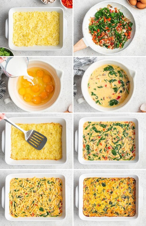 8 photos showing the steps to make a Vegetarian Hash Brown Breakfast Casserole: cooking veggies together and adding to egg mixture, then layering in a casserole pan with hash browns, eggs and topped with cheese to bake.