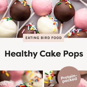 Top Photo: A full view of the layered chocolate trifle in a clear glass pedestal bowl, garnished with chocolate chips and chopped nuts. Bottom Left Photo: A close-up of a serving of the chocolate trifle in a small white bowl with a spoon. Bottom Right Photo: A close-up of the top layers of the trifle with a round graphic overlay that says "Smooth + Delicious."