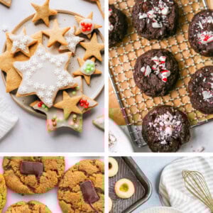 Collage of four different cookies: sugar cookies, peppermint chocolate cookies, peanut butter blossoms and thumbprint cookies.