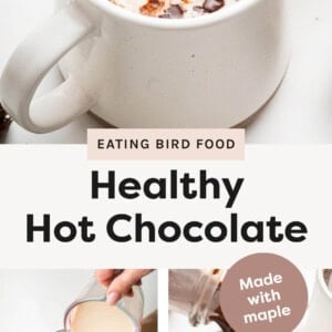 Hot chocolate in a mug topped with whipped cream and chocolate shavings. Tow photos showing oat milk being poured into a pot with cocoa, and then a photo of the hot chocolate being poured into a mug.