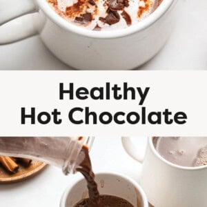 Hot chocolate in a mug topped with whipped cream and chocolate shavings. Photo of a carafe pouring hot chocolate into a mug.