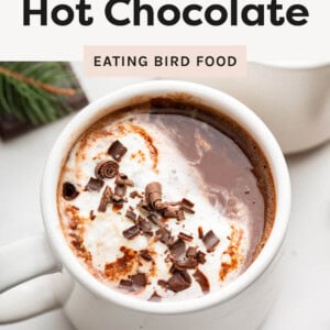 Hot chocolate in a mug topped with whipped cream and chocolate shavings.