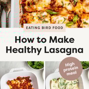 Tray of homemade lasagna, and two process photos showing sauce, noodles and cheese being layered in the casserole dish.