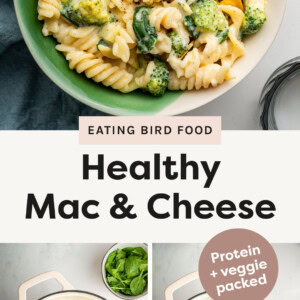 Pictures of healthy mac and cheese in a bowl with photos of the process