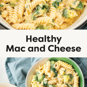 Pictures of the healthy mac and cheese in a bowl and in a pot served with a wooden spoon.