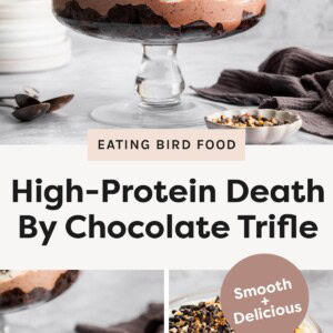 Top Photo: A full view of the layered chocolate trifle in a clear glass pedestal bowl, garnished with chocolate chips and chopped nuts. Bottom Left Photo: A close-up of a serving of the chocolate trifle in a small white bowl with a spoon. Bottom Right Photo: A close-up of the top layers of the trifle with a round graphic overlay that says "Smooth + Delicious."