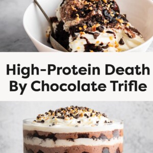 The top photo is a close-up of a serving of the trifle in a small white bowl. The bottom photo is the full layered dessert in a large, clear glass pedestal bowl.