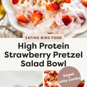 Top image: Bowl of high-protein strawberry pretzel salad topped with fresh strawberry halves and crushed pretzels. Bottom left image: Spoonful of creamy strawberry pretzel salad held above the bowl, showing visible fruit and pretzel bits. Bottom right image: Two bowls of strawberry pretzel salad on a light background with scattered strawberries, pretzels, and gold spoons.