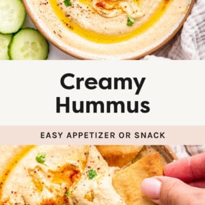 Bowl of hummus garnished with paprika, parsley and olive oil. Photo of a hand dipping a pita chip into the hummus.