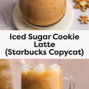 Top photo: Glass mug of iced sugar cookie latte with ice cubes and a clear straw. Bottom photo: Close-up of an iced sugar cookie latte in a glass mug with a clear straw, set against holiday-themed decor.