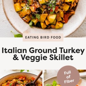 Bowl of Italian ground turkey and veggie skillet topped with parmesan and fresh basil. Large skillet filled with cooked ground turkey, zucchini, squash, bell peppers, and tomatoes. Bowl of Italian ground turkey and veggie skillet garnished with basil leaves and grated cheese.