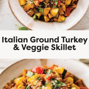 Bowl of Italian ground turkey and veggie skillet topped with parmesan and fresh basil. Close-up of colorful Italian ground turkey and veggie skillet with zucchini, squash, and bell peppers.