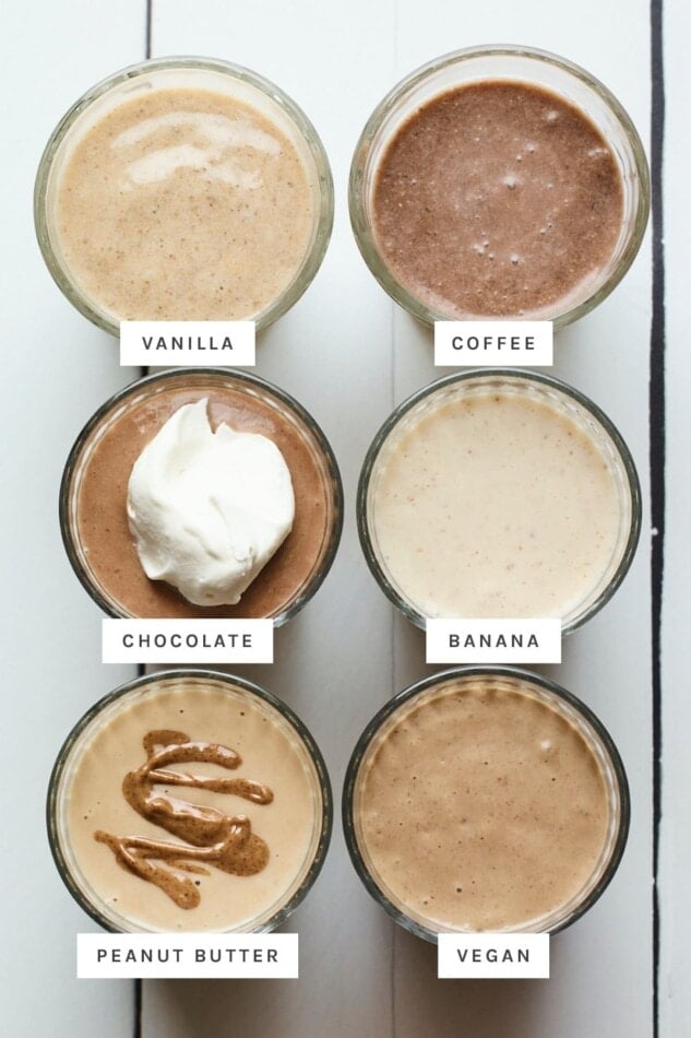 Bird's eye photo of 6 different protein shakes.