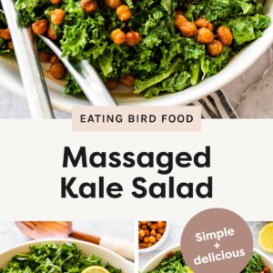 Close-up of massaged kale salad topped with roasted chickpeas and lemon slices. Bowl of plain massaged kale with lemon slices on the side. Bowl of massaged kale salad topped with roasted chickpeas and sliced avocado.
