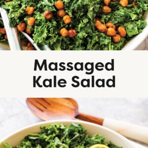 Top photo: Close-up of massaged kale salad topped with roasted chickpeas and lemon slices. Bottom photo: Bowl of massaged kale salad with lemon slices and wooden salad servers.