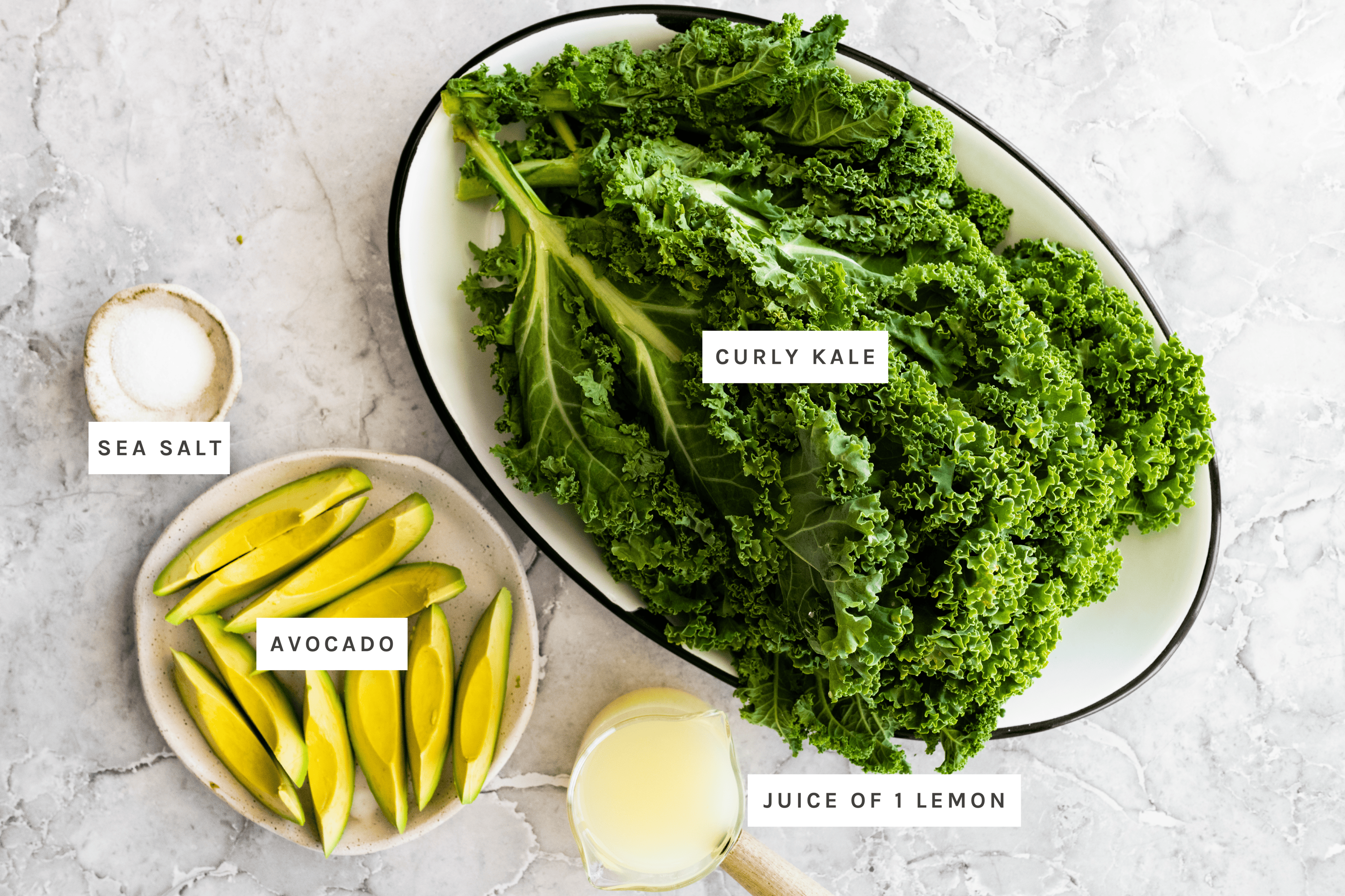 Massaged Kale Salad ingredients: Curly kale, avocado, juice of 1 lemon, sea salt