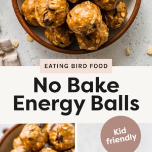 Three photos of the energy balls in a bowl stacked on top of each other. Two photos are overhead and one is shot straight on.