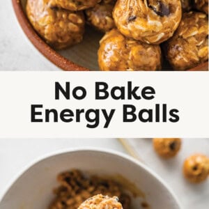 One photo of the energy balls in a bowl stacked on top of each other with a bite taken out of them. Another photo of a metal scoop with the energy ball mixture inside of it above a bowl.