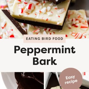 Peppermint Bark with a bite taken out of it. Photo of melted chocolate being poured into a pan, and then melted white chocolate on top.
