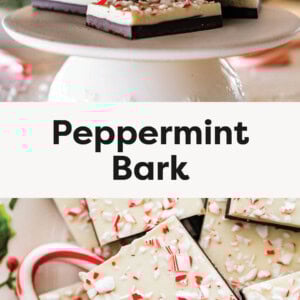 Peppermint Bark stacked on a cake stand, and a photo of the Peppermint Bark close up with crushed candy canes on top.