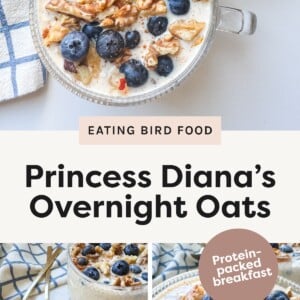 Top Photo: Two glass mugs filled with overnight oats, topped with blueberries, walnuts, and cinnamon, placed beside gold spoons on a blue-and-white checkered towel. Bottom Left Photo: A close-up of a glass mug of overnight oats topped with fresh blueberries and chopped walnuts, set on a checkered towel. Bottom Right Photo: A zoomed-in shot of overnight oats in a textured glass bowl, garnished with blueberries, walnuts, and cinnamon, with a "Protein-packed breakfast" label on the image.