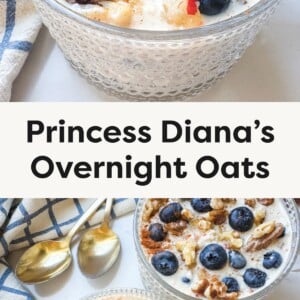 Top Photo: A close-up of a glass bowl filled with overnight oats, topped with fresh blueberries, chopped walnuts, and a sprinkle of cinnamon. Bottom Photo: Two glass mugs of overnight oats garnished with blueberries and walnuts, placed beside two gold spoons on a blue-and-white checkered towel.