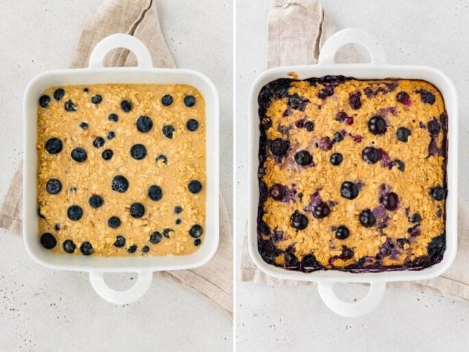 Side by side photos of protein baked oatmeal before and after being baked,