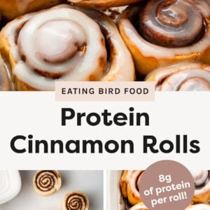 Hand picking up a cinnamon roll from a pan. Photo of cinnamon roll dough being cut, and photo of cinnamon rolls in a pan.