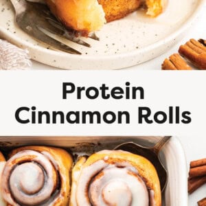 Photo of a cinnamon roll on a plate, and a photo of cinnamon rolls in a baking dish.